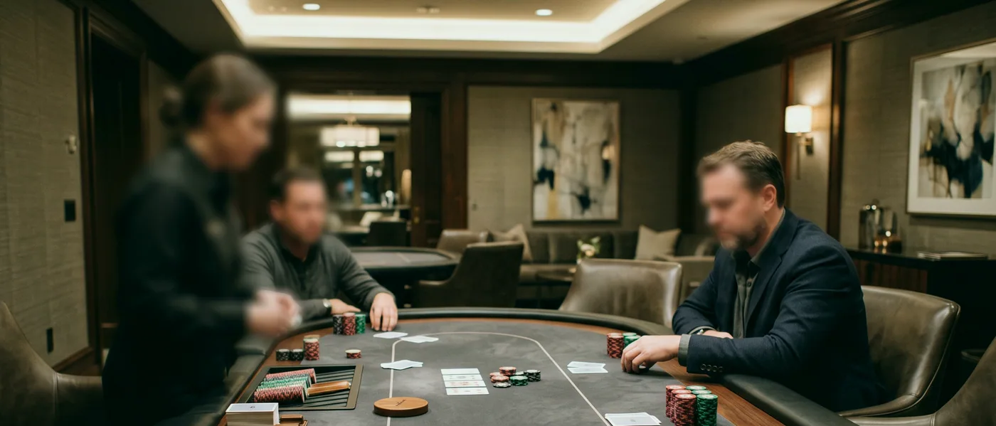 Four chips resting on the rail of a table.